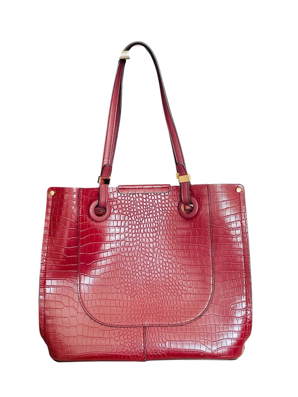Burgundy Croc Embossed Structured Tote Bag | Gold Hardware | Large Shoulder Bag